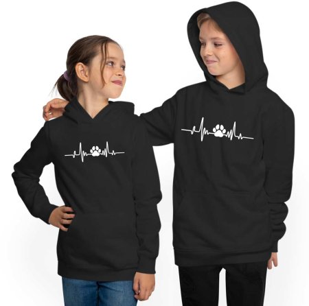 Hoodie Kids Hooded Sweatshirt - Heartbeat Line with Dog Paw i583